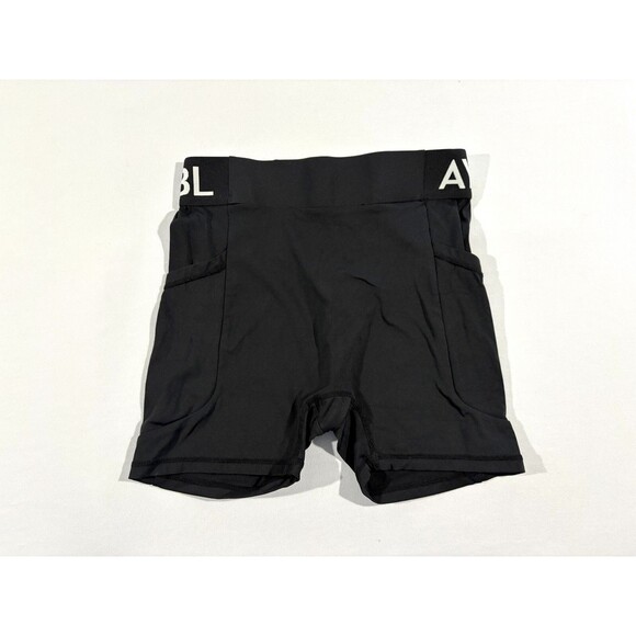 AYBL Womens Logo Black Activewear Workout Bike Yoga Running Stretch Shorts Sz S - Picture 2 of 8